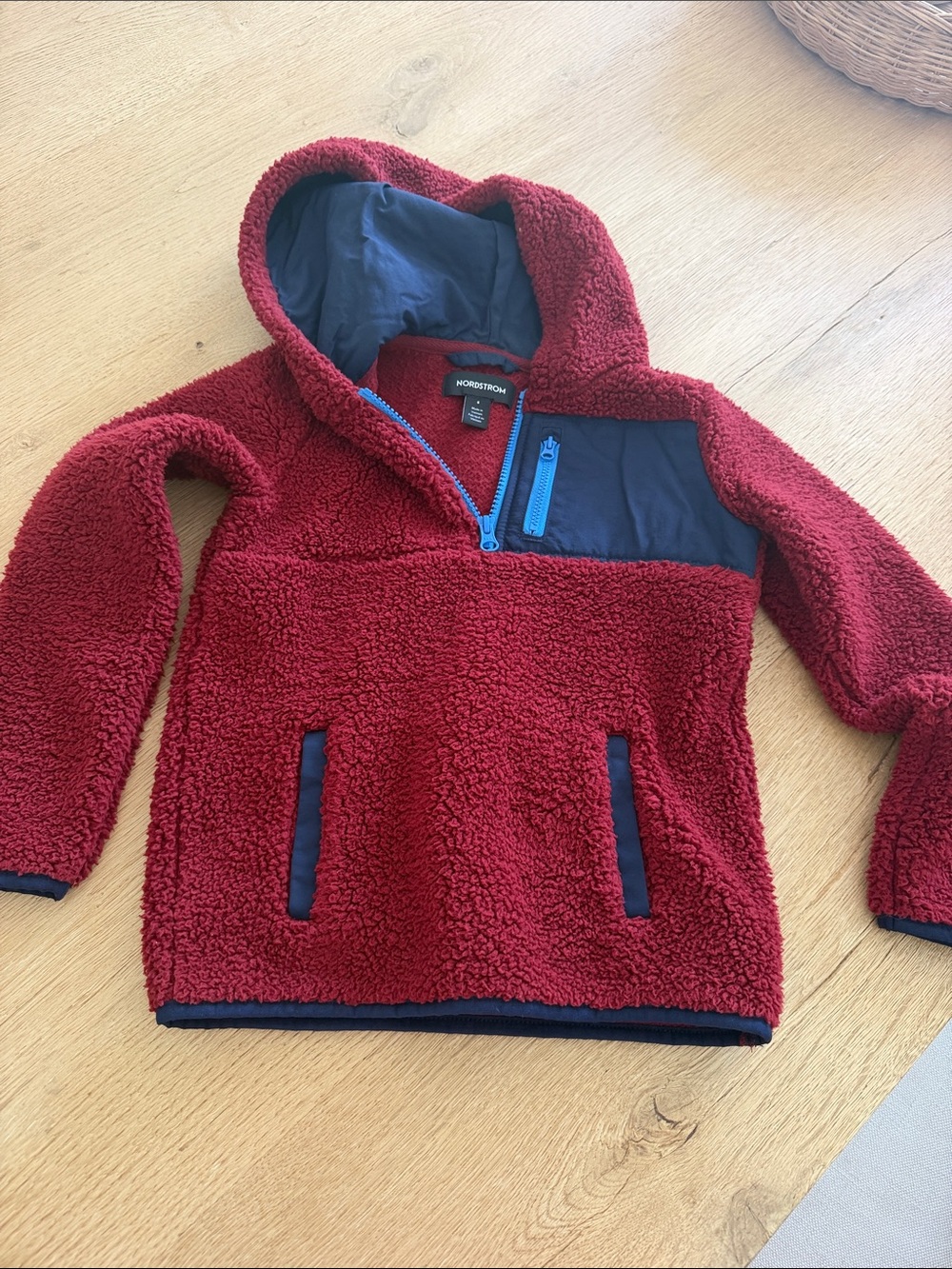 Nordstrom Red Sherpa Hooded Pullover with Navy Accents